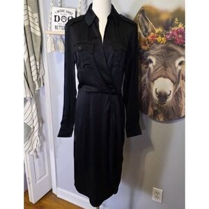 Ralph Lauren Purple Label Ellington Satin Day Dress SZ 10 Black Epaulettes $1690